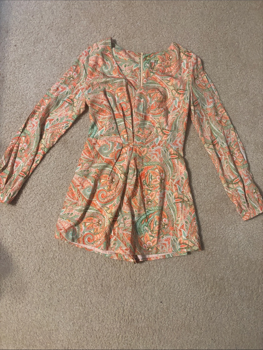 Gianni Bini Coral & Green Paisley Long-Sleeve Romper Dress